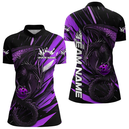 Black And Purple Custom Dragon Bowling Team Women Quarter-Zip Shirt, Bowling League Shirt IPHW8966