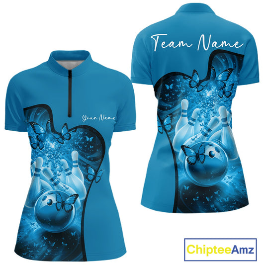 Blue bowling-themed shirt with butterfly design on a white background