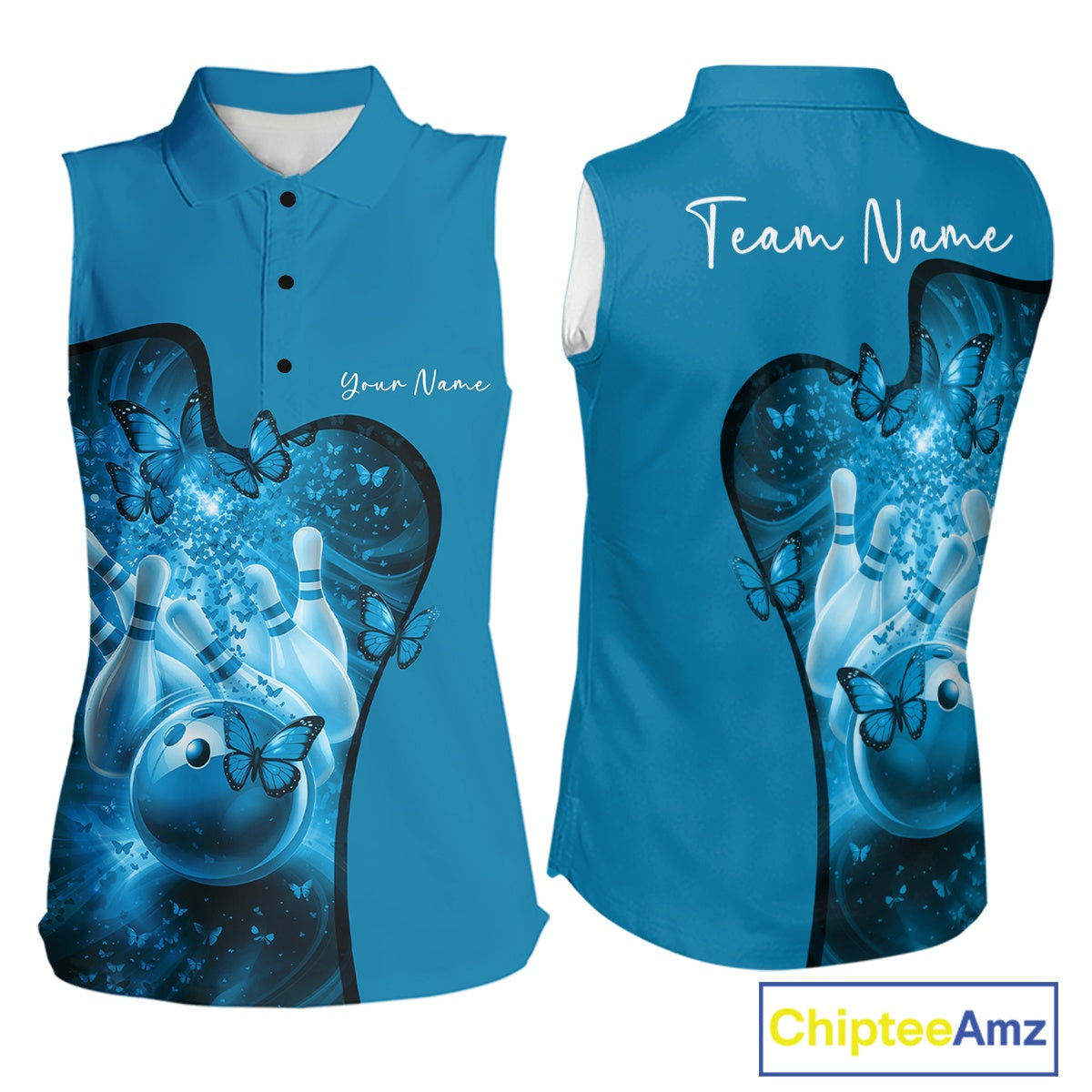 Blue sleeveless bowling shirt with butterfly design and customizable text on a white background