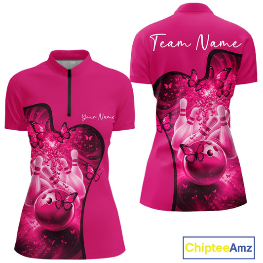 Front and back mockup of a womens pink bowling quarter zip featuring butterfly graphics and bowling-inspired artwork