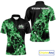 Load image into Gallery viewer, Front and back views of a black bowling polo with green flame graphics, skull artwork, bowling ball and pin details, and customizable name text.