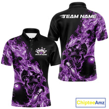 Load image into Gallery viewer, Front and back views of a black bowling polo with purple flame graphics, skull artwork, bowling ball and pin details, and customizable name text.