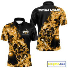 Load image into Gallery viewer, Front and back views of a black bowling polo with yellow flame graphics, skull artwork, bowling ball and pin details, and customizable name text.