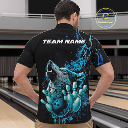 Custom Blue Wolf Howling Men Quarter-Zip Shirt, Wolf Bowling Team Jerseys IPHW10158