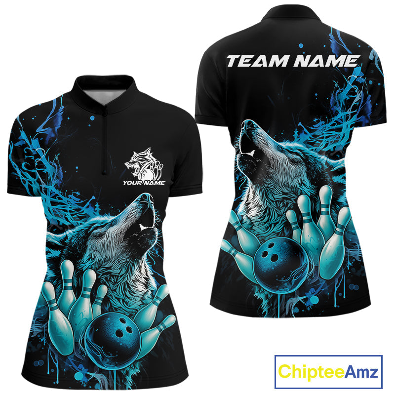 Custom Blue Wolf Howling Women Quarter-Zip Shirt, Wolf Bowling Team Jerseys IPHW10158