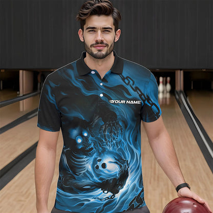 Custom Black And Blue Flame Skeleton Bowling Polo Shirts For Men, Skull Bowling Team Shirt IPHW8472