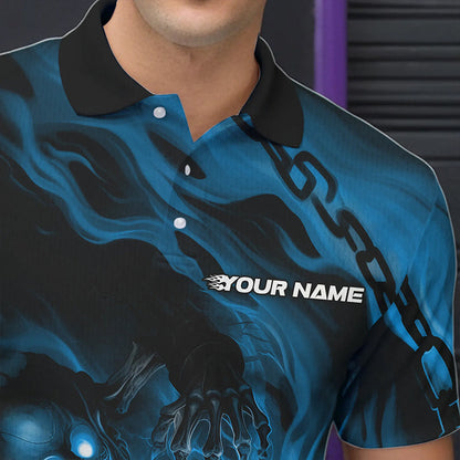Custom Black And Blue Flame Skeleton Bowling Polo Shirts For Men, Skull Bowling Team Shirt IPHW8472