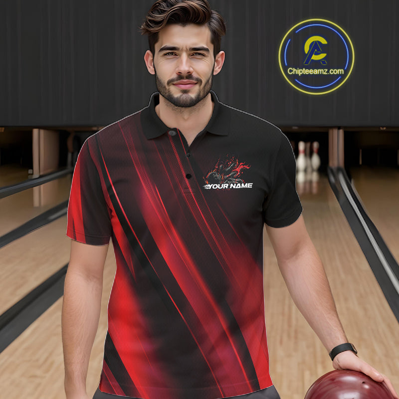 Custom Black And Red Gradient Flame Bowling Team Jerseys, Fire Bowling Shirt For Men IPHW10570