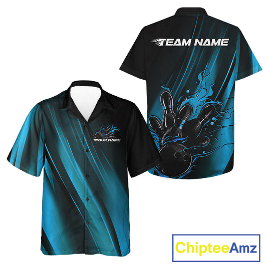Custom Black And Blue Gradient Flame Bowling Team Jerseys, Fire Bowling Shirt For Men And Women IPHW10571