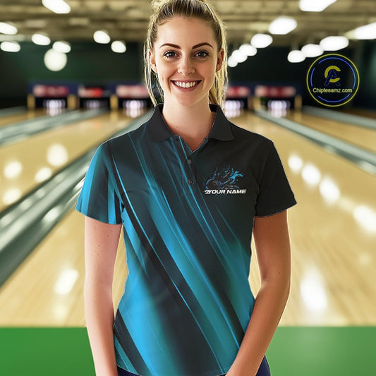 Custom Black And Blue Gradient Flame Bowling Team Jerseys, Fire Bowling Shirt For Women IPHW10571