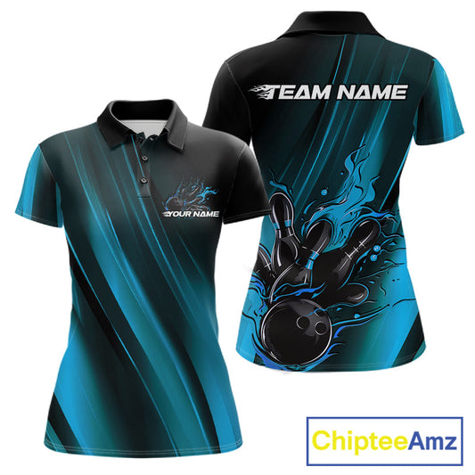 Custom Black And Blue Gradient Flame Bowling Team Jerseys, Fire Bowling Shirt For Women IPHW10571