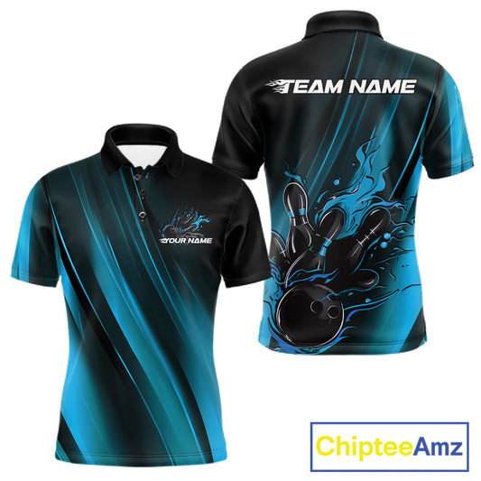 Custom Black And Blue Gradient Flame Bowling Team Jerseys, Fire Bowling Shirt For Men IPHW10571