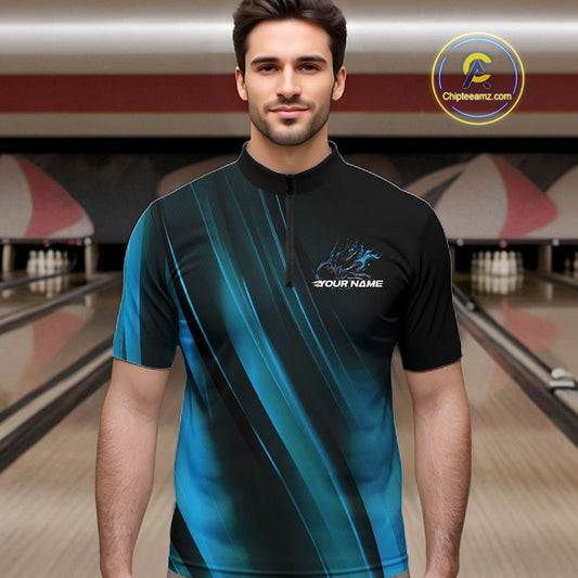 Custom Black And Blue Gradient Flame Bowling Team Jerseys, Fire Bowling Shirt For Men IPHW10571