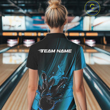 Load image into Gallery viewer, Custom Black And Blue Gradient Flame Bowling Team Jerseys, Fire Bowling Shirt For Women IPHW10571
