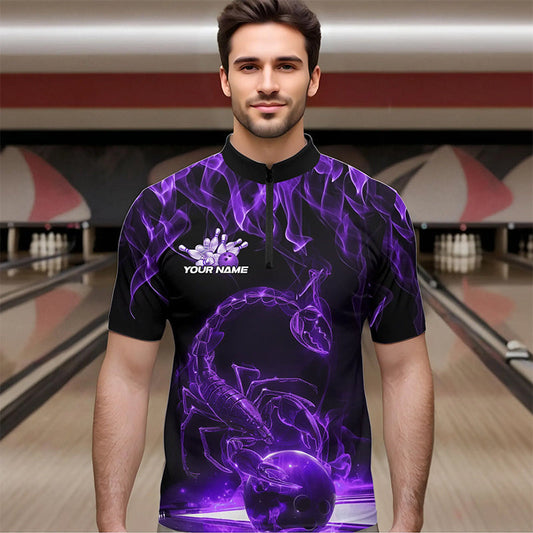 Custom Black And Purple Flame Scorpio Zodiac Bowling Men Quarter-Zip Shirt, Scorpion Bowling Team IPHW8971