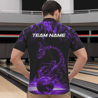 Custom Black And Purple Flame Scorpio Zodiac Bowling Men Quarter-Zip Shirt, Scorpion Bowling Team IPHW8971