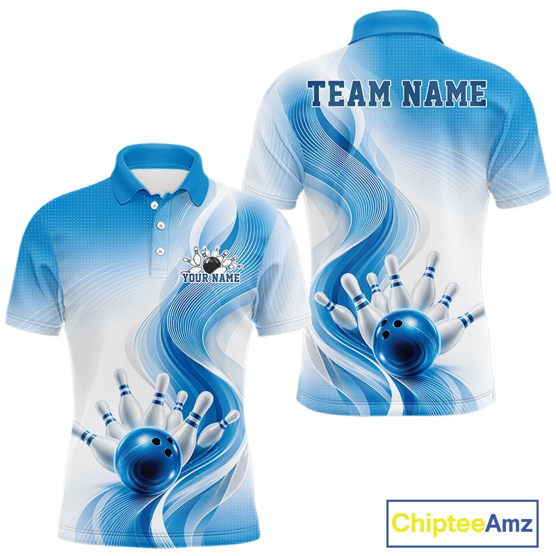 Mens white and blue bowling polo shirt mockup shown from front and back with abstract wave motifs and a bowling strike graphic