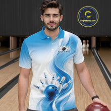 Load image into Gallery viewer, White and blue bowling polo shirt on a male model, decorated with fluid wave patterns and a glossy bowling strike graphic