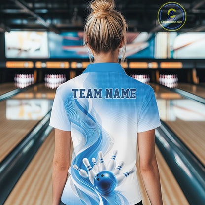 White and blue bowling polo shirt displayed from the back on a female model, showcasing flowing graphics and bowling pin imagery