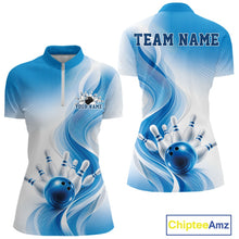 Load image into Gallery viewer, Custom Blue Bowling Jerseys For Women, Bowling Team Tournament Quarter-Zip Shirt IPHW11366