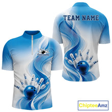 Load image into Gallery viewer, Front and back mockup of a mens white and blue bowling quarter-zip shirt with flowing wave accents and a glossy bowling scene