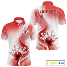 Load image into Gallery viewer, Front and back mockup of a mens white and red bowling polo shirt featuring flowing abstract wave artwork and glossy bowling strike graphics