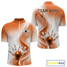 Load image into Gallery viewer, Front and back mockup of a mens white and orange bowling quarter zip featuring flowing abstract wave graphics and a glossy bowling ball knocking down pins