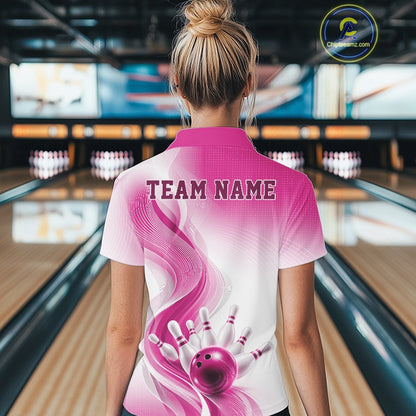 White and pink bowling polo shirt shown from the back on a female model, featuring fluid wave patterns and a bowling strike illustration