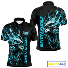Load image into Gallery viewer, Product mockup showing a black short-sleeve bowling shirt with glowing cyan blue flames, a large skull design, and customizable name and team text.