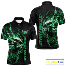 Load image into Gallery viewer, Product mockup showing a black short-sleeve bowling shirt with glowing green flames, a large skull design, and customizable name and team text.