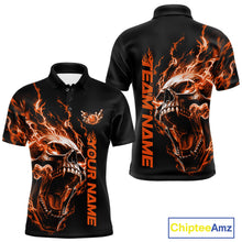 Load image into Gallery viewer, Product mockup showing a black short-sleeve bowling shirt with glowing orange flames, a large skull design, and customizable name and team text.