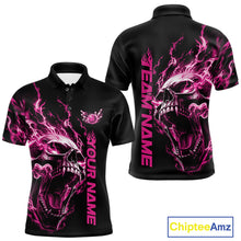 Load image into Gallery viewer, Product mockup showing a black short-sleeve bowling shirt with glowing pink flames, a large skull design, and customizable name and team text.