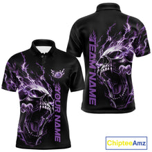 Load image into Gallery viewer, Product mockup showing a black short-sleeve bowling shirt with glowing purple flames, a large skull design, and customizable name and team text.