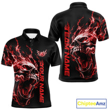 Load image into Gallery viewer, Product mockup showing a black short-sleeve bowling shirt with glowing red flames, a large skull design, and customizable name and team text.
