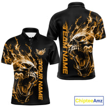 Load image into Gallery viewer, Product mockup showing a black short-sleeve bowling shirt with glowing yellow flames, a large skull design, and customizable name and team text.