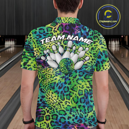 Back view of a man wearing a yellow, brown, and black leopard-print bowling shirt with “Team Name” above bowling pins and a patterned ball.