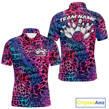 Front and back views of a mens yellow, brown, and black leopard-print bowling polo with chest name text, bowling pins, and team name on the back.