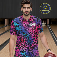 Load image into Gallery viewer, A man stands in a bowling alley wearing a yellow, brown, and black leopard-print bowling shirt with a bowling pin graphic and “Your Name” on the chest.