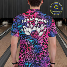 Load image into Gallery viewer, Back view of a man wearing a yellow, brown, and black leopard-print bowling shirt with “Team Name” above bowling pins and a patterned ball.