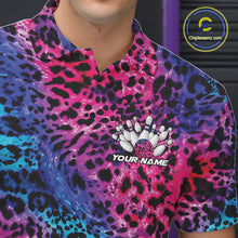 Load image into Gallery viewer, Close-up of a yellow, brown, and black leopard-print bowling shirt with a chest graphic showing pins, a patterned bowling ball, and “Your Name.”