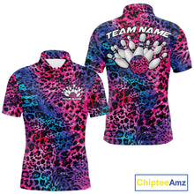 Load image into Gallery viewer, Front and back views of a mens yellow, brown, and black leopard-print bowling polo with chest name text, bowling pins, and team name on the back.
