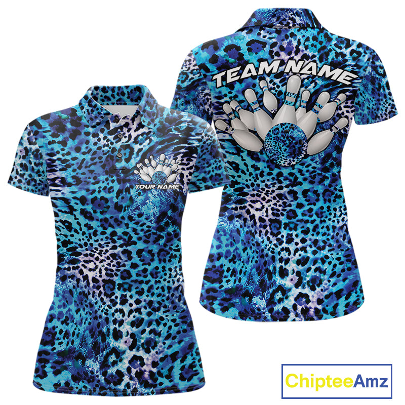 Front and back views of a womens gold, brown, and black leopard-print bowling polo with chest name text, bowling pins, and team name on the back.
