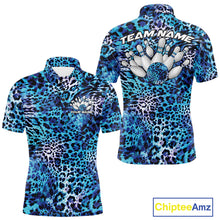 Load image into Gallery viewer, Front and back views of a mens yellow, brown, and black leopard-print bowling polo with chest name text, bowling pins, and team name on the back.