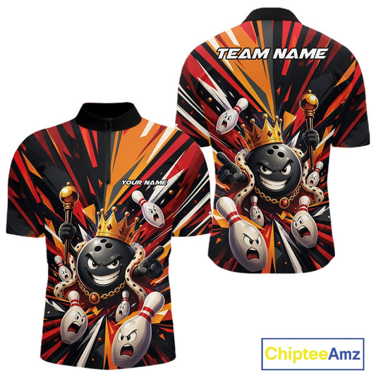 Front and back views of a men's bowling quarter-zip shirt mockup showcasing a crowned cartoon bowling ball holding a royal scepter alongside animated bowling pins with vibrant radiating color bursts in black, red, and orange.