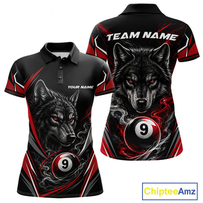 Custom Black And Red Smoke Flame 9 Ball And Wolf Billiards Women Polo Shirt, Pool Shirt IPHW11676