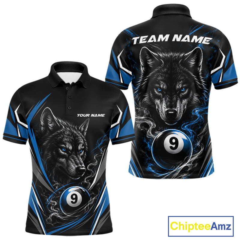 Custom Black And Blue Smoke Flame 9 Ball And Wolf Billiards Men Polo Shirt, Pool Shirt IPHW11677