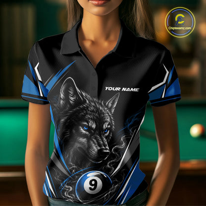 Custom Black And Blue Smoke Flame 9 Ball And Wolf Billiards Women Polo Shirt, Pool Shirt IPHW11677