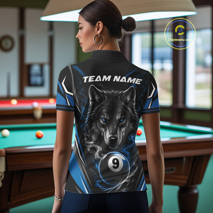 Custom Black And Blue Smoke Flame 9 Ball And Wolf Billiards Women Polo Shirt, Pool Shirt IPHW11677