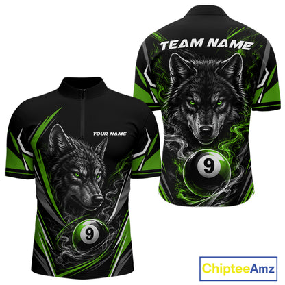 Custom Black And Green Smoke Flame 9 Ball And Wolf Billiards Men Quarter Zip Shirt, Pool Shirt IPHW11678