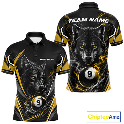 Custom Black And Yellow Smoke Flame 9 Ball And Wolf Billiards Men Polo Shirt, Pool Shirt IPHW11679
